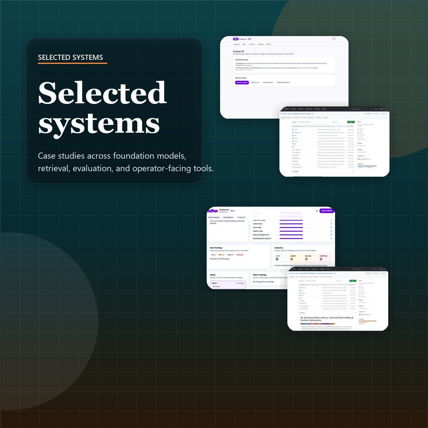 Selected flagship systems across finance, retrieval, evaluation, and document intelligence